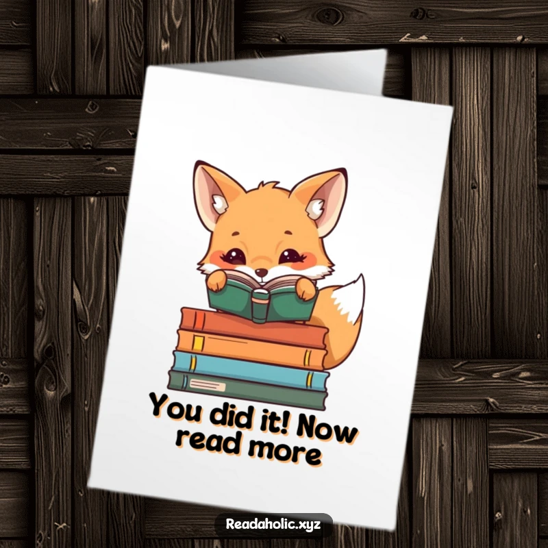 Funny Free Printable Congrats Card: Kawaii fox peeking over books, celebrating success, great for new achievements.