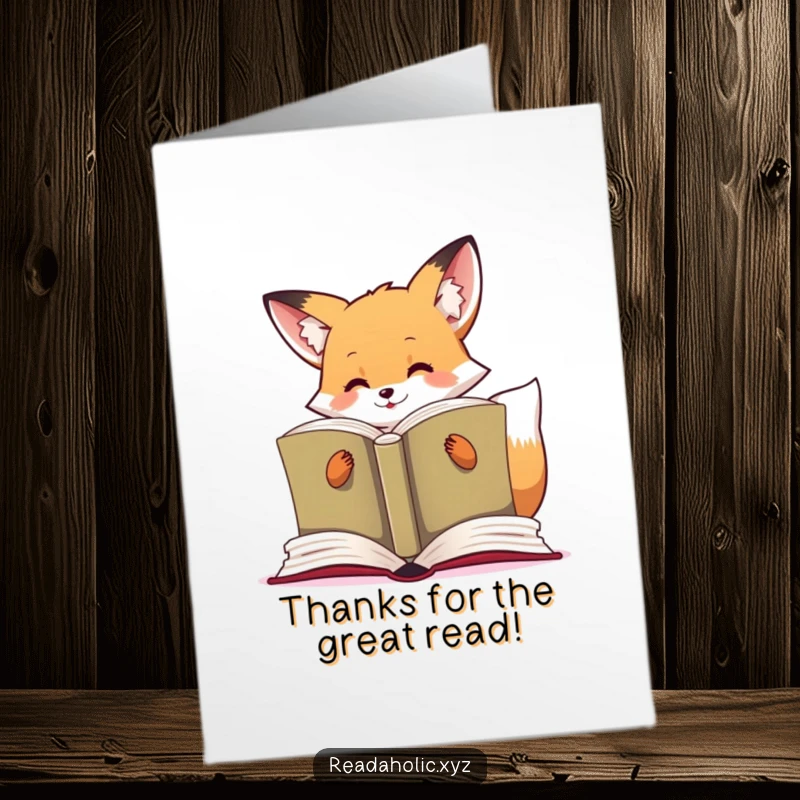 Funny Free Printable Thank You Card: Kawaii fox reading a large book, expressing thanks for a wonderful experience!