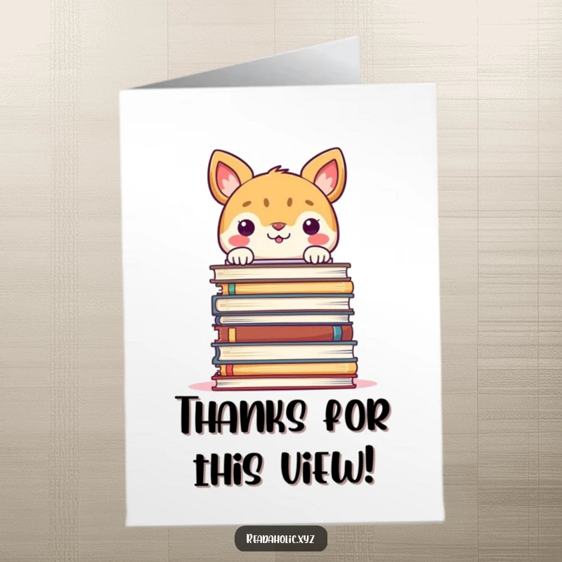 Funny Free Printable Thank You Card: Smiling animal peeking over a huge book stack, conveying thanks with charm.