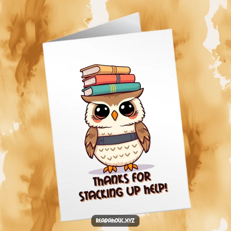 Funny Free Printable Thank You Card: Kawaii owl balancing books, thanking you for your steady and unwavering support!