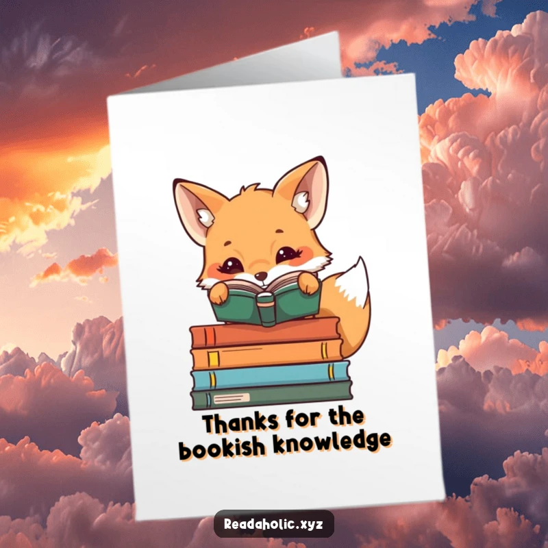 Funny Free Printable Thank You Card: Kawaii fox peeking over books, expressing gratitude, perfect for thoughtful thanks.