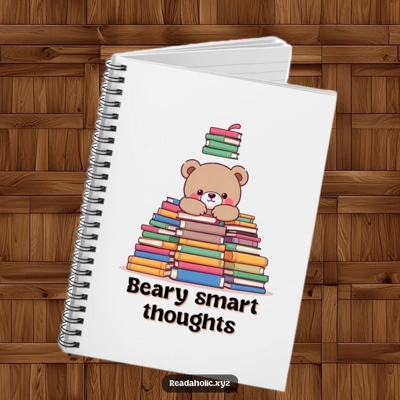 Funny kawaii bear bookworm notebook, cute character snuggling in books, perfect for journaling and notes. Excellent funny gift.