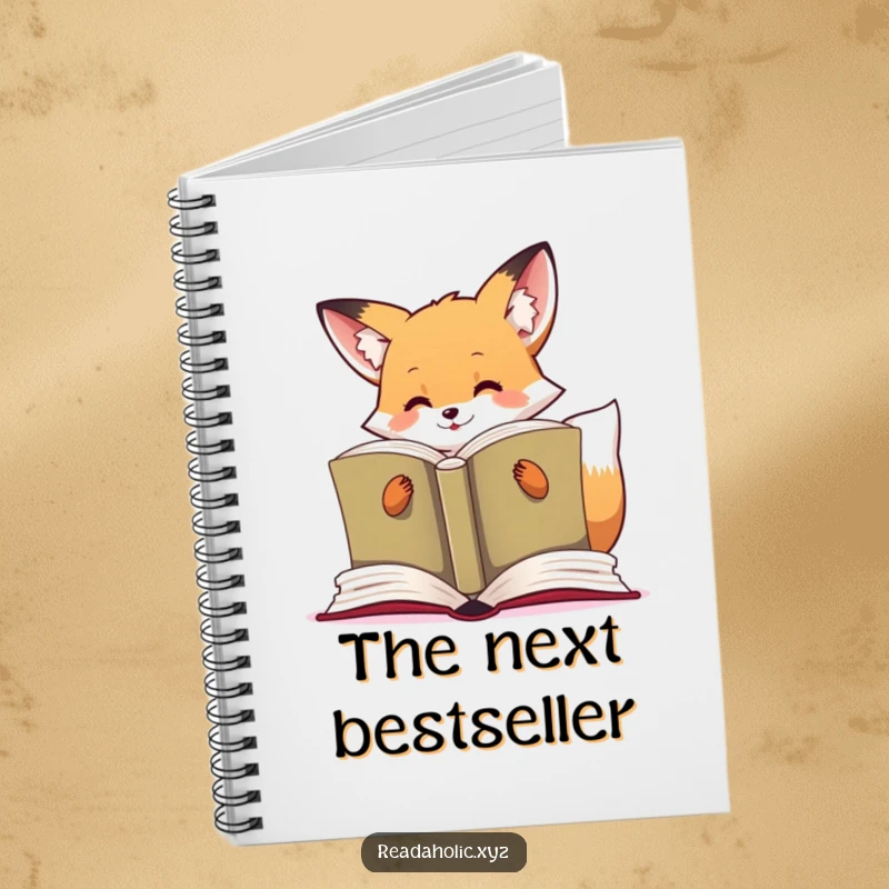 Funny kawaii fox notebook featuring a cute fox enthusiastically reading a large book, ideal for capturing literary insights.
