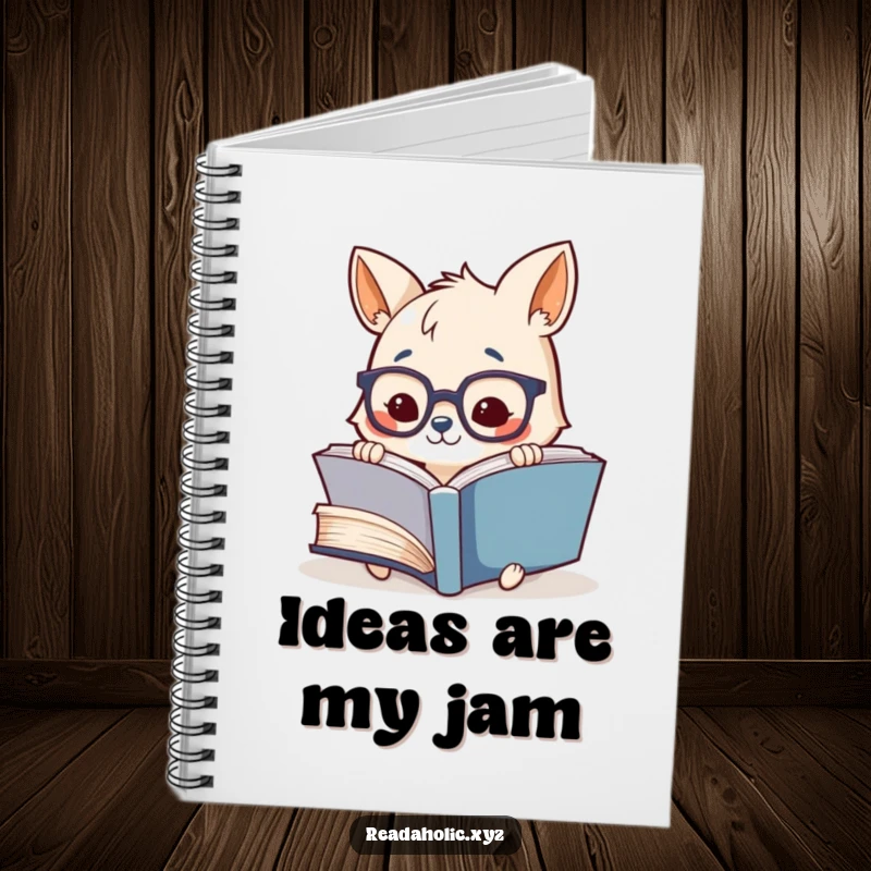 Funny notebook with a cover of a cute animal wearing glasses, deeply engrossed in a giant book, ready for notes.