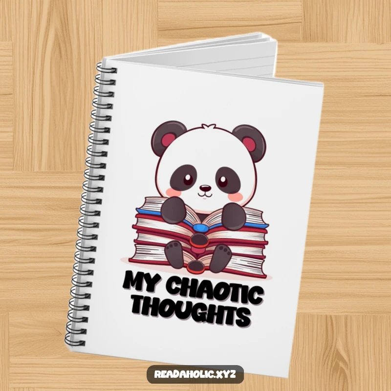 Funny Kawaii panda notebook cover, humorously balancing multiple open books, ideal for journaling and study notes.