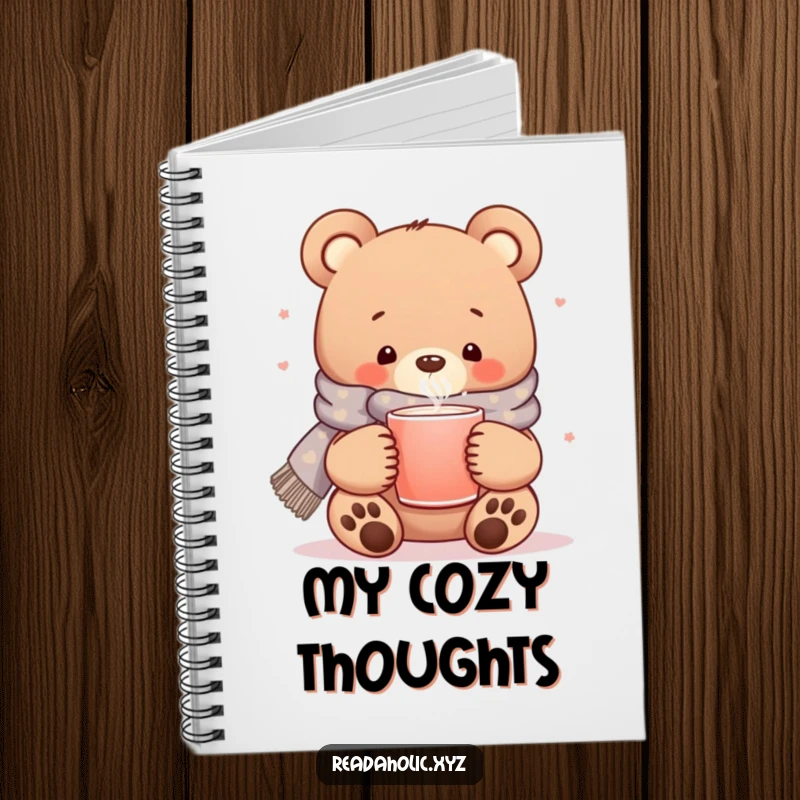 Funny kawaii bear notebook, cozy scarf, steaming mug, cute animal journal, warm thoughts stationery.