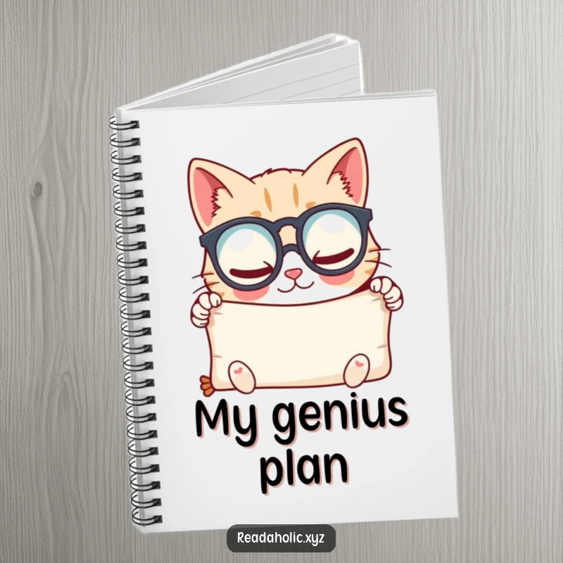 Funny kawaii cat scholar notebook, cute character with spectacles and scroll, perfect for notes and journaling. Excellent funny gift.