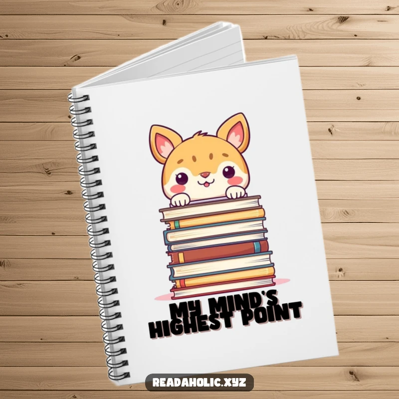 Funny notebook with a cover of a smiling animal peeking over a large stack of books, ready for notes.