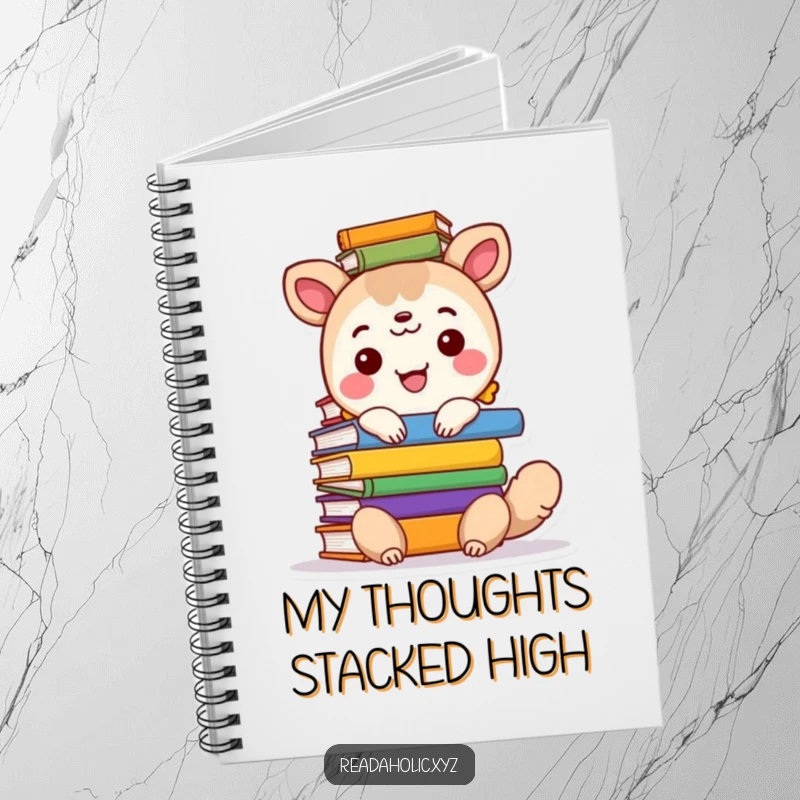 Funny notebook with a cover of a happy animal character holding a high stack of colorful books, ready for notes.