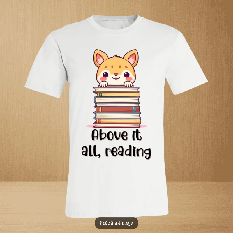 Funny t-shirt featuring a smiling animal peeking over an impressively large stack of books, celebrating reading.