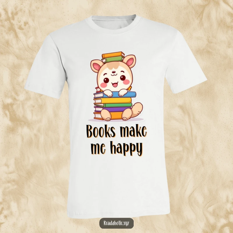 Funny t-shirt featuring a cheerful animal character reaching a high stack of colorful books, celebrating reading.