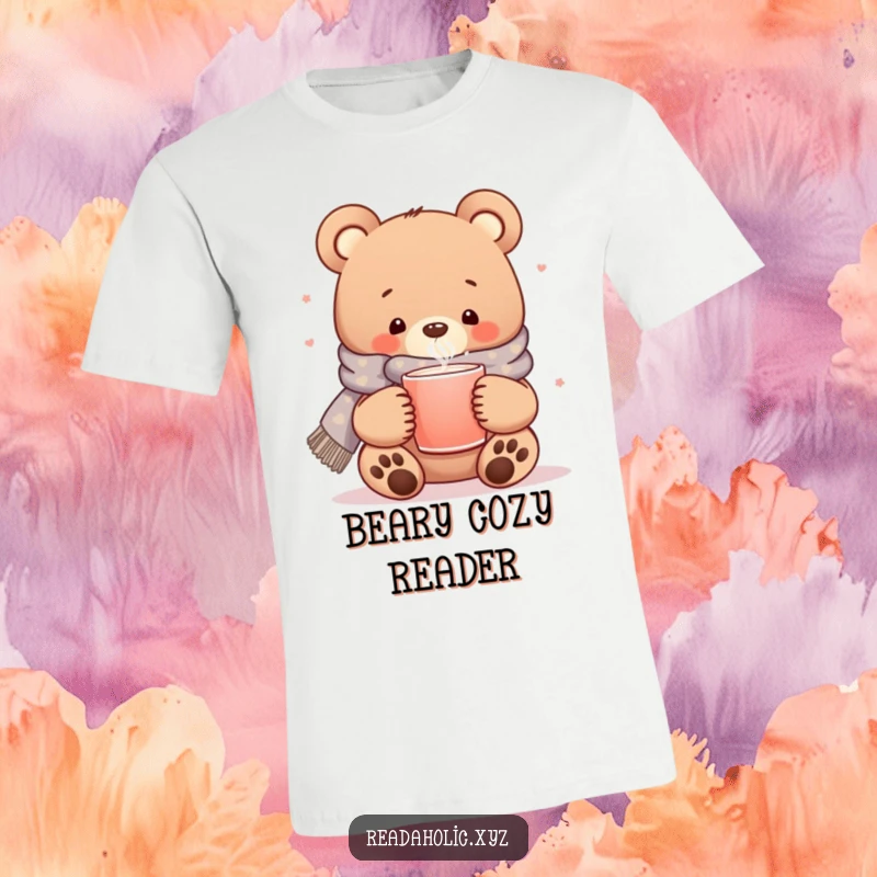 Funny kawaii bear, cozy scarf t-shirt, steaming mug graphic, cute animal apparel, warm beverage lover.