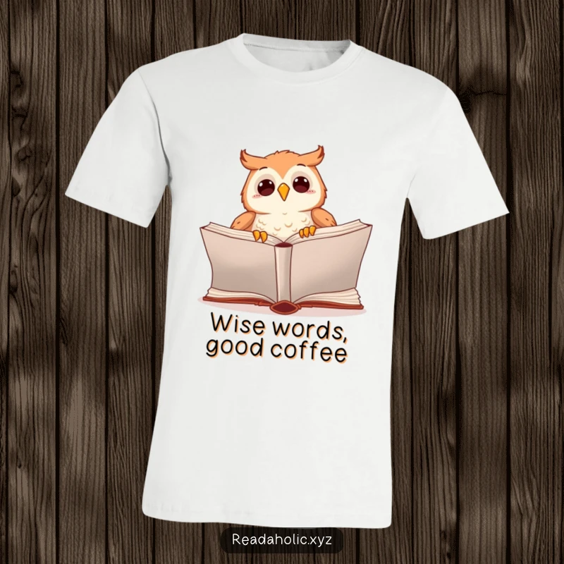 Funny kawaii owl t-shirt with an adorable owl excitedly turning the page of a huge book, perfect for literary enthusiasts.